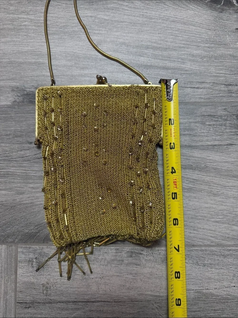 Vintage Gold Beaded Evening Bag with Fringe and Diamond Accented Snap Closure